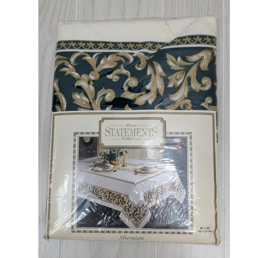 Statements Tablecloth 60x84 White Gold‎ Black Sheraton Collection Baroque Floral